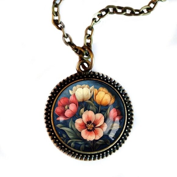 NEW - Moody Tulip Flowers Pendant Necklace - Glass Cabochon and Bronze - Spring - Picture 1 of 4